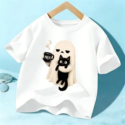 Kids Halloween Ghost Black Cat Print Short Sleeve Cotton T-Shirt Children Casual Tee Summer Holiday Apparel Tops