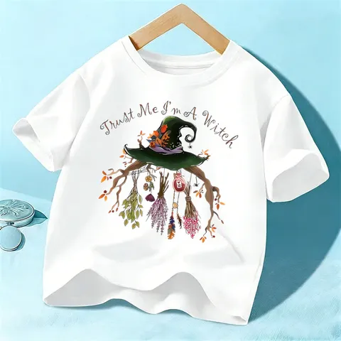 T-Shirt à Manches Courtes Halloween pour Enfants Garçons Filles Coton Mignon Chapeau de Sorcière T-Shirt Graphique Top de Festival d'Été