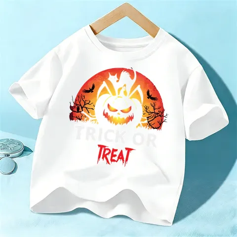 Kids Halloween Cotton T-Shirt Unisex Short Sleeve Crew Neck Pumpkin Graphic Top Boys Girls Holiday Apparel