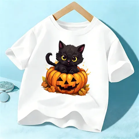 Kids Halloween T-Shirt Short Sleeve Cotton Black Cat Pumpkin Print Crew Neck Top Boys Girls Festival Casual Apparel