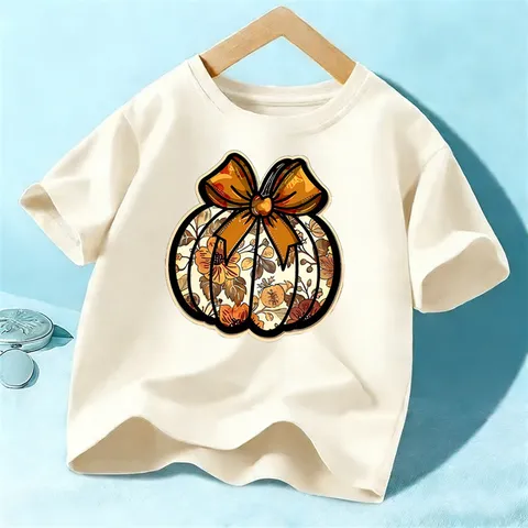 Kinder Halloween Kürbis Schleife Druck Kurzarm T-Shirt Unisex Lässige Baumwolle Rundhals Top Jungen Mädchen Festliche Bekleidung