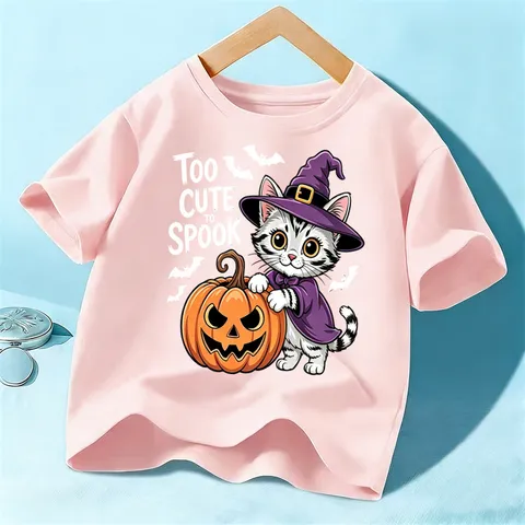 Kinder Halloween Kurzarm T-Shirt Unisex Baumwolle Lässig Süße Katze Kürbis Grafik Druck Top