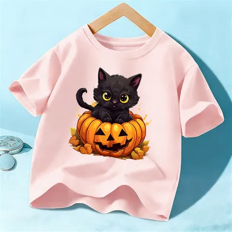 Kids Halloween T-Shirt Short Sleeve Cotton Black Cat Pumpkin Print Crew Neck Top Boys Girls Festival Casual Apparel