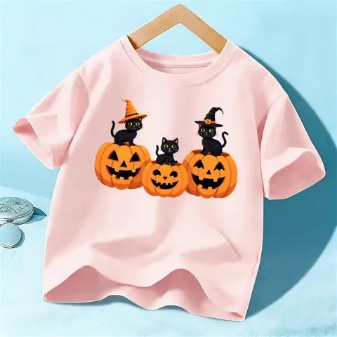 Παιδικό T-Shirt Κοντό Μανίκι Halloween Αγόρια Κορίτσια Χαριτωμένη Μαύρη Γάτα Κολοκύθα Γραφικό Στρογγυλή Λαιμόκοψη Casual Βαμβακερό Top Παιδικά Ρούχα