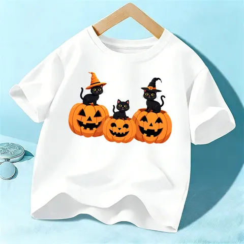 Παιδικό T-Shirt Κοντό Μανίκι Halloween Αγόρια Κορίτσια Χαριτωμένη Μαύρη Γάτα Κολοκύθα Γραφικό Στρογγυλή Λαιμόκοψη Casual Βαμβακερό Top Παιδικά Ρούχα