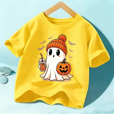 Camiseta de Manga Corta con Estampado de Fantasma de Halloween para Niños Unisex Algodón Casual Cuello Redondo Jersey Top Ropa de Vacaciones para Niños