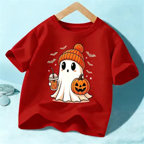 Camiseta de Manga Corta con Estampado de Fantasma de Halloween para Niños Unisex Algodón Casual Cuello Redondo Jersey Top Ropa de Vacaciones para Niños