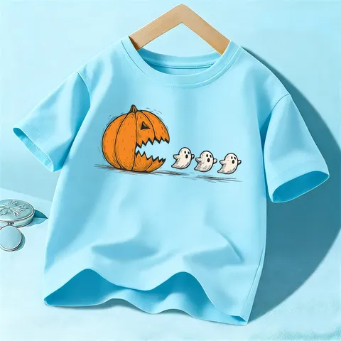 Kids Halloween Cute Pumpkin Ghost Print Cotton Short Sleeve T-Shirt Boys Girls Festival Casual Apparel