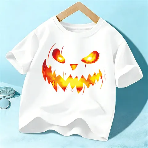Παιδικό T-Shirt με Κοντό Μανίκι και Τύπωμα Κολοκύθας Halloween Αγόρια Κορίτσια Casual Βαμβακερό Τοp με Στρογγυλή Λαιμόκοψη Εορταστική Ενδυμασία