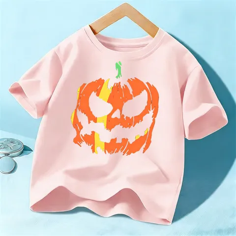 Kids Halloween Pumpkin Print Short Sleeve T-Shirt Children Casual Cotton Crew Neck Pullover Top Boys Girls Festival Clothing