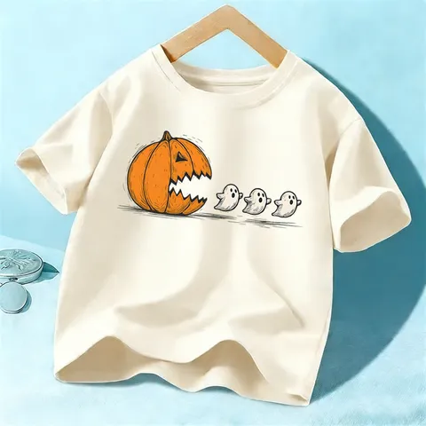 Kids Halloween Cute Pumpkin Ghost Print Cotton Short Sleeve T-Shirt Boys Girls Festival Casual Apparel