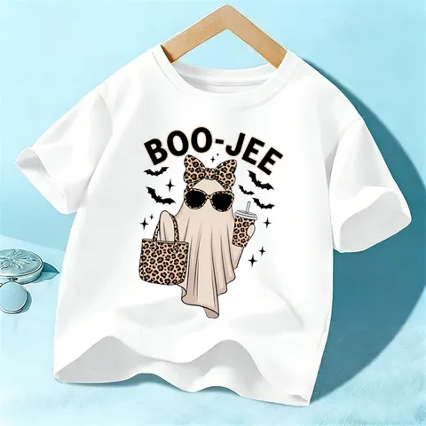 Παιδικό T-Shirt Halloween από Βαμβάκι Κοντό Μανίκι Casual Στρογγυλή Λαιμόκοψη Χαριτωμένο Σχέδιο Φαντάσματος για Αγόρια και Κορίτσια