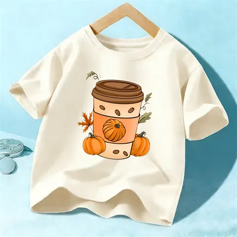 Paidikо T-Shirt me Stampa Kolokuthi Kafes Halloween Agoria Koritsia Konto Maniki Strongyli Laimokopsi Vamvaki Kalokairino Top