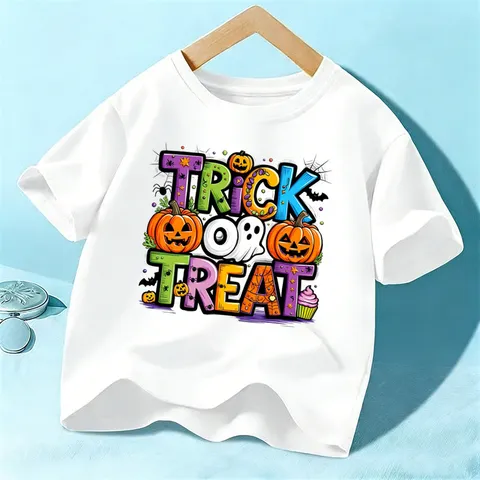 Kids Halloween Cotton T-Shirt Short Sleeve Casual Top Boys And Girls Holiday Pumpkin Ghost Graphic Tee