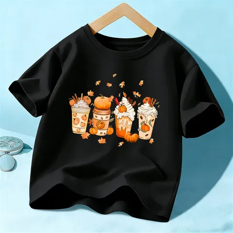 Kids Halloween Pumpkin Coffee Print Short Sleeve Cotton T-Shirt Children Casual Crewneck Top
