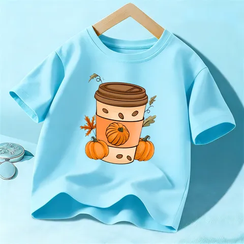 Paidikо T-Shirt me Stampa Kolokuthi Kafes Halloween Agoria Koritsia Konto Maniki Strongyli Laimokopsi Vamvaki Kalokairino Top