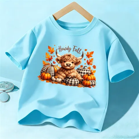 Camiseta de Algodón para Niños Casual Manga Corta Cuello Redondo Top Lindo Otoño Calabaza Vaca de las Tierras Altas Camiseta Gráfica Ropa de Niños