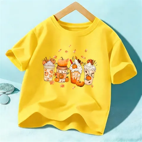 Kids Halloween Pumpkin Coffee Print Short Sleeve Cotton T-Shirt Children Casual Crewneck Top