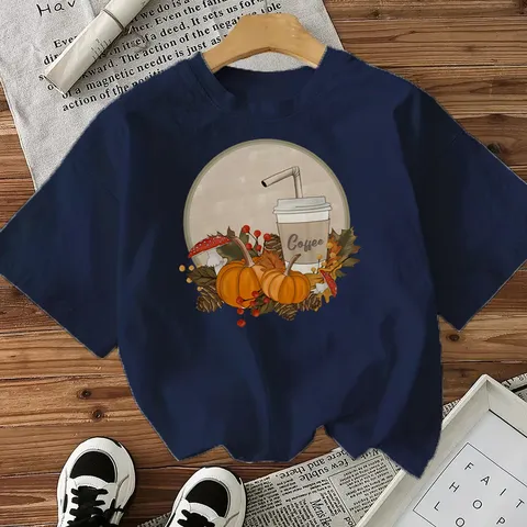 Dames Halloween Pompoen Koffie Print Korte Mouw Katoen T-Shirt Casual Herfst Ronde Hals Pullover Top