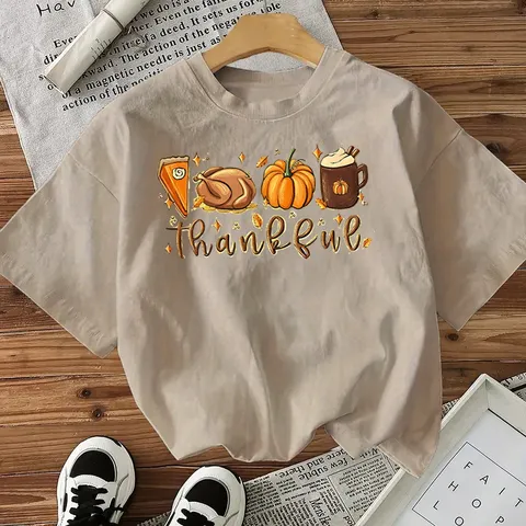 Women's Thanksgiving Pumpkin Turkey Print Short Sleeve T-Shirt Casual Loose Crew Neck Cotton Top Fall Holiday Apparel