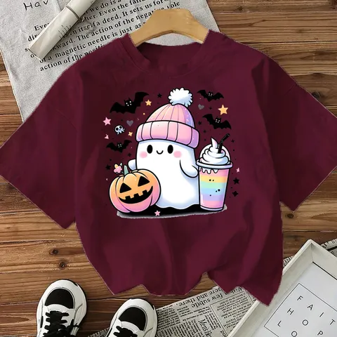 Camiseta Casual de Algodón de Manga Corta con Cuello Redondo y Estampado de Fantasma y Calabaza de Halloween para Mujer