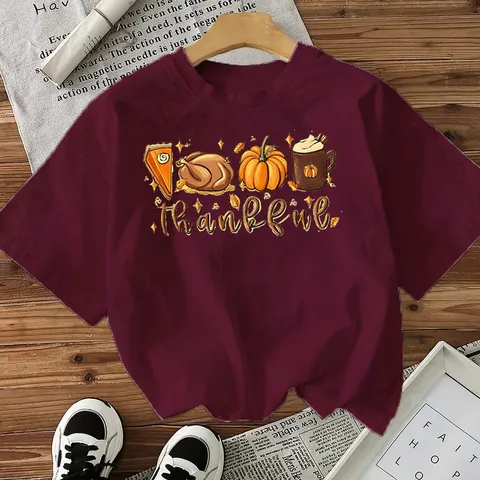 Women's Thanksgiving Pumpkin Turkey Print Short Sleeve T-Shirt Casual Loose Crew Neck Cotton Top Fall Holiday Apparel