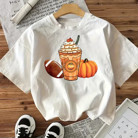 Dames Halloween Print Korte Mouw T-Shirt Casual Losse Passform Katoen Herfst Festival Pompoen Koffie Print Ronde Hals Top