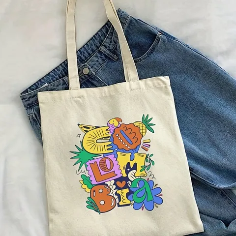 Canvas Tote Bag For Women Large Capacity Shoulder Handbag Retro Printed Student Book Bag Daily Commute Shopping