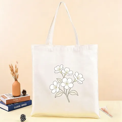 Minimalist Floral Print Canvas Tote Bag Casual Daily Commuting Shoulder Handbag For Women Large Capacity Shopping Bag