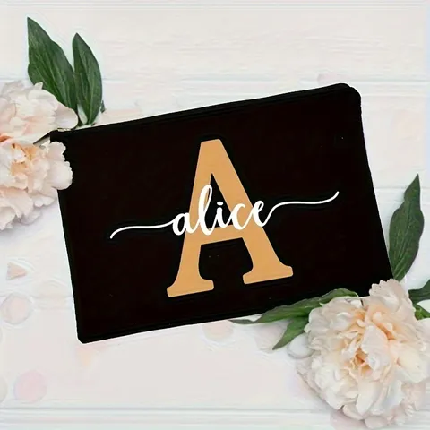 Women Black Canvas Clutch Bag Floral Letter Print Cosmetic Pouch Zipper Makeup Organizer Casual Travel Handbag