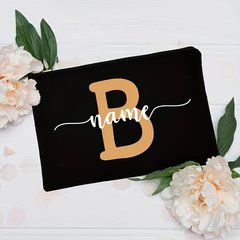 Women Black Canvas Clutch Bag Floral Letter Print Cosmetic Pouch Zipper Makeup Organizer Casual Travel Handbag