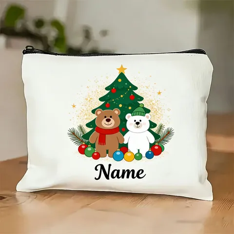 Noël Nom Personnalisé Pochette en Toile Sac Clutch Renne Père Noël Vacances Trousse de Maquillage Fermeture Éclair Voyage Rangement Sac à Main Femme