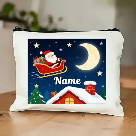 Noël Nom Personnalisé Pochette en Toile Sac Clutch Renne Père Noël Vacances Trousse de Maquillage Fermeture Éclair Voyage Rangement Sac à Main Femme