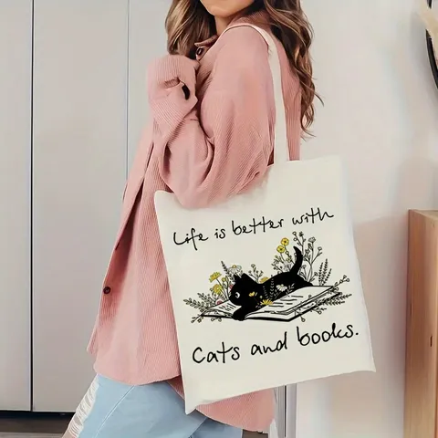 Mujer Casual Lona Bolso Tote Lindo Gato Libro Estampado Bolso de Mano Gran Capacidad Shopper Bolso Diario Bandolera