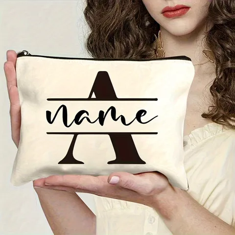 Portable Canvas Cosmetic Bag Letter Printed Makeup Pouch Zipper Toiletry Storage Bag For Women Travel Daily Use