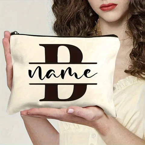 Portable Canvas Cosmetic Bag Letter Printed Makeup Pouch Zipper Toiletry Storage Bag For Women Travel Daily Use