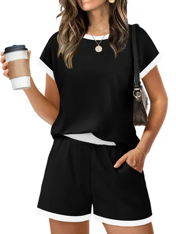 Damen Casual Gestreiftes Loungewear Set Kurzarm Top Und Shorts Polyester Mischung Bequemes Schlafanzug Outfit