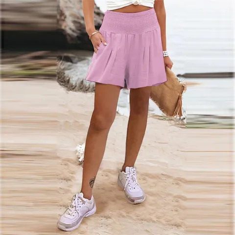 Damen Casual Hohe Taille Elastische Shorts Weites Bein Einfarbig Bequem Sommer Strand Polyester Bekleidung Unterteil