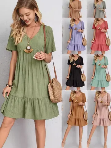 Damen V-Ausschnitt Stufenkleid Polyester Geknittert Kurzarm Lässig Fließendes Minikleid Für Sommer Strand Urlaub Party