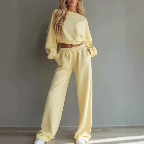 Dames Casual Minimalistisch 2-delige Set Gebreide Korte Hoodie Met Lange Mouwen En Wijde Pijpen Broek Effen Kleur Herfst Winter Outfit