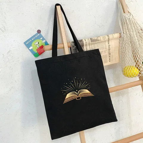 Ρετρό Τσάντα Tote από Καμβά για Γυναίκες Μεγάλης Χωρητικότητας Μαύρη Τσάντα Ώμου Με Χρυσό Τύπωμα Βιβλίου και Αστεριών Καθημερινή Τσάντα