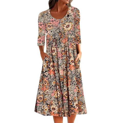 Women's Casual Floral Print Midi Dress Summer Elegant Crew Neck Half Sleeve Loose Swing Dress with Pockets