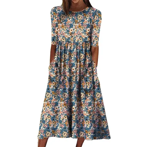 Women's Casual Floral Print Midi Dress Summer Elegant Crew Neck Half Sleeve Loose Swing Dress with Pockets