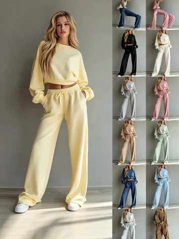 Damen Casual Einfarbig Langarm Hoodie Und Weite Beine Hose Set Minimalistisch Mode Sweatshirt Outfit