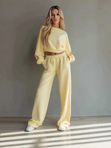 Damen Casual Einfarbig Langarm Hoodie Und Weite Beine Hose Set Minimalistisch Mode Sweatshirt Outfit
