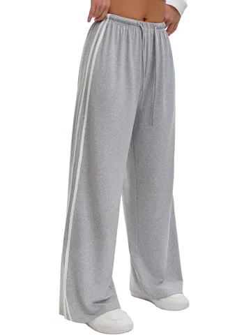 Women Casual Loose Wide Leg Sweatpants High Waist Drawstring Side Stripe Straight Long Pants Streetwear Joggers Trousers