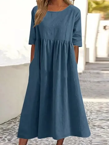 Women Casual Loose Solid Color Linen Blend Dress Round Neck Half Sleeve Long Maxi Dress Daily Commute Vacation Wear