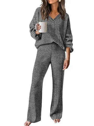 Damen Rippstrick Loungewear V-Ausschnitt Langarm Top Und Hose Zweiteiler Casual Outfits Einfarbig Home Wear Outfits