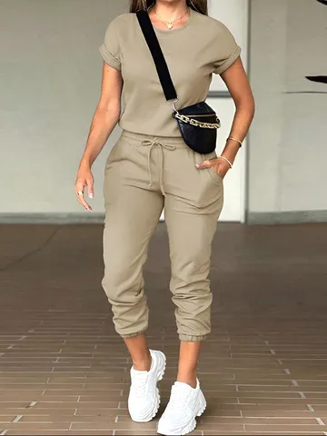 Damen Casual Einfarbig Langarm Rundhals T-Shirt Und Kordelzug Taschen Jogginghose Set Trainingsanzug