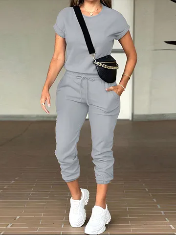 Damen Casual Einfarbig Langarm Rundhals T-Shirt Und Kordelzug Taschen Jogginghose Set Trainingsanzug